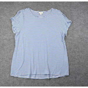 J Jill Love Linen Shirt Women XL Striped Minimal Knit Coastal Beach Natural Blue